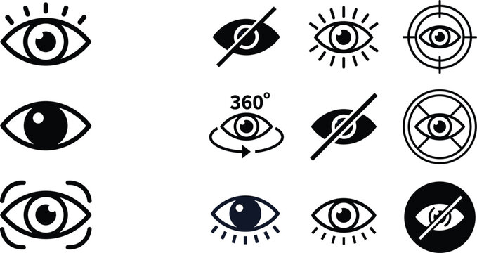Eye and Vision Icon Set with Target Focus 360 Degree View Hide Visibility Tracking and Optometry Security Symbols for Web and App Interface Designs