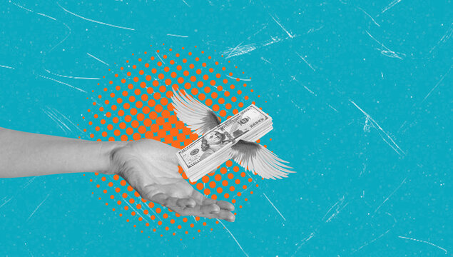 Art collage showing money with wings flying from a hand over a bright blue background