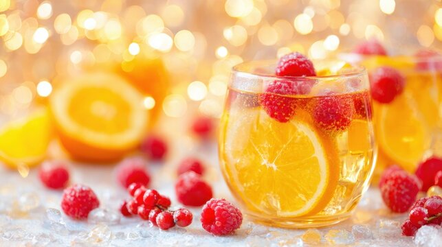 Refreshing drink with orange slices and raspberries on a bright background with soft lights