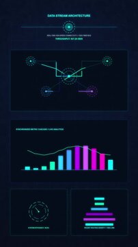 Digital data visualization motion graphic with abstract charts, network connections, clock, and hourglass elements on a dark blue background, futuristic HUD