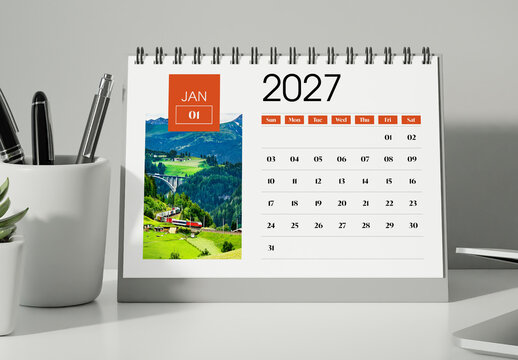 2027 Landscape Desk Calendar Template with Modern Monthly Planner