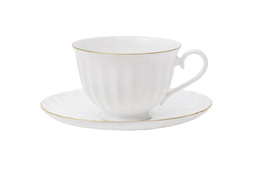 Elegant white porcelain teacup and saucer with delicate gold rim detailing, isolated on a clean...
