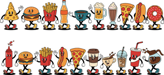 Obraz premium Retro Fast Food and Beverage Character Set with Vintage Cartoon Style Walking Burger Pizza French Fries Hot Dog and Coffee Vector Doodles