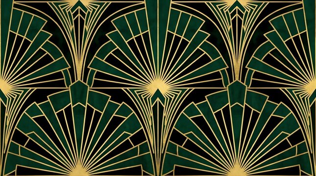 Art Deco wall background featuring a geometric gold and dark green pattern