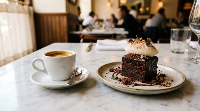 Chocolate cake dessert with cream topping and cup of coffee on marble table in cozy cafe interior, gourmet sweet food with blurred restaurant background