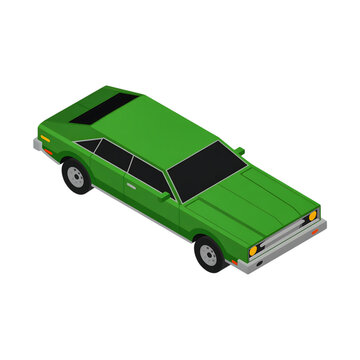 Green lego car model with black roof and wheels isolated on transparent background