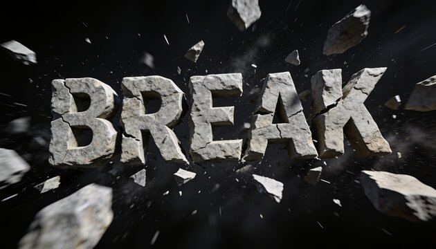 Breakthrough and disruption concept stone letters shattering into pieces with explosive force and debris in a dark background for business transformation