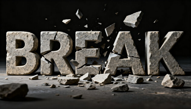 Breakthrough and disruption concept stone letters shattering into pieces business failure stress change and transformation in corporate