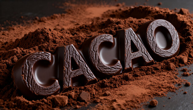 Cacao and chocolate production organic food industry and confectionery ingredients with dark cocoa powder and molded letters on a black background