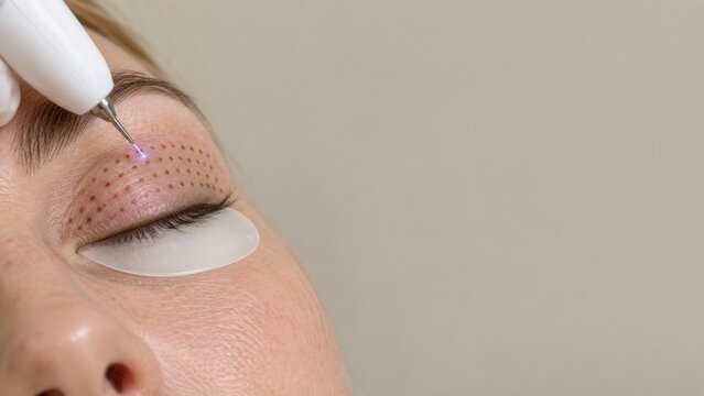 Close-up of woman receiving precise laser skin treatment on closed eyelid with protective eye pad