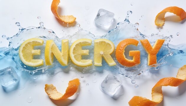 Energy and vitality concept word energy formed by fresh lemon and orange fruit slices with water splash and ice cubes on a clean white background