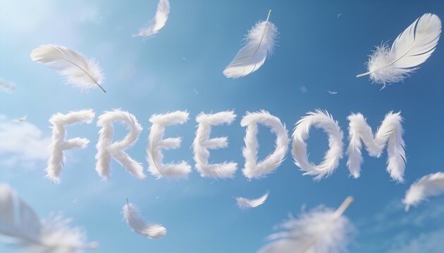 Freedom concept word written with white feathers floating in blue sky peace and liberation hope and inspiration lightness and spiritual growth