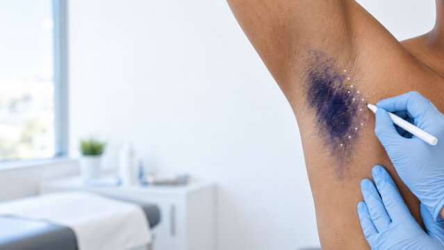 Close-up of healthcare professional marking skin lesion with dark pigmentation on patient's underarm in medical room