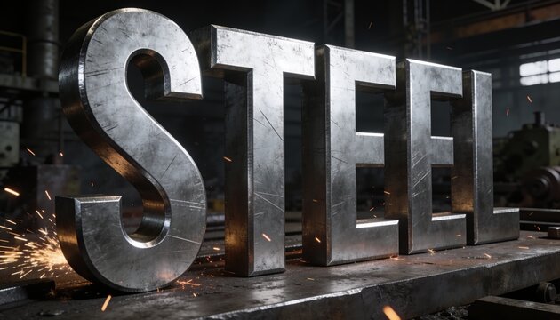 Steel manufacturing and industrial production heavy metal letters in a factory with sparks and construction engineering Metallurgy and metalwork fabrication in a heavy industry workshop