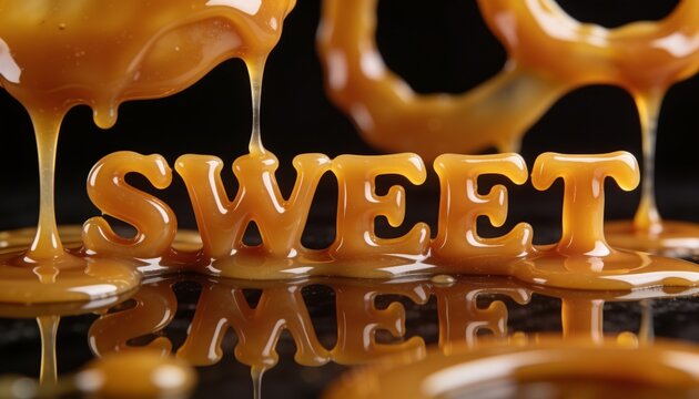 Sweet indulgence and food marketing caramel sauce dripping over lettering on dark background for confectionery branding and dessert menu design