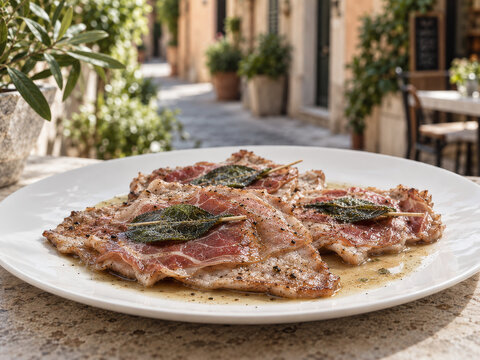 Klassisches italienisches Gericht Saltimbocca alla Romana aus Kalbsfleisch, Parmaschinken und Salbei, serviert auf einem wei&szlig;en Teller in einer sonnigen Gasse.
