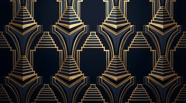 Art Deco wall background featuring geometric gold and dark blue patterns