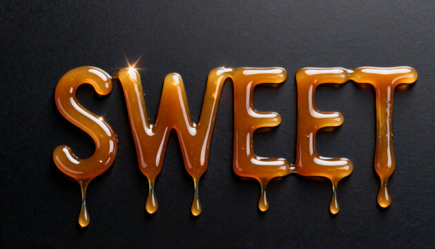 Sweet food concept caramel sauce typography spelling the word sweet on a dark background with glossy texture and liquid drips for culinary branding