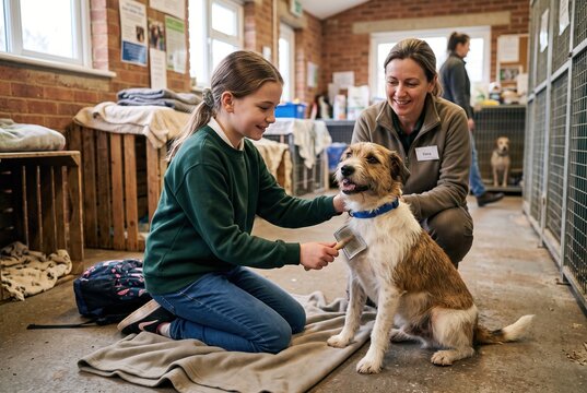 A girl brushes a dog at an animal shelter while sitting on the floor. An adult sits nearby, watching and smiling. Other dogs are present in the background, and the atmosphere is lively