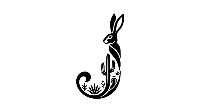 Desert Jackrabbit Silhouette with Cactus and Succulents, Stylized Letter J