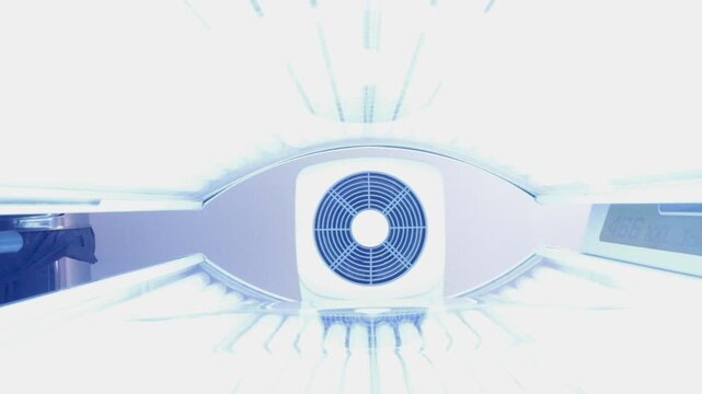 Camera slowly moves into a tanning bed as UV lamps activate and the canopy closes, then opens and switches off after the camera stops.