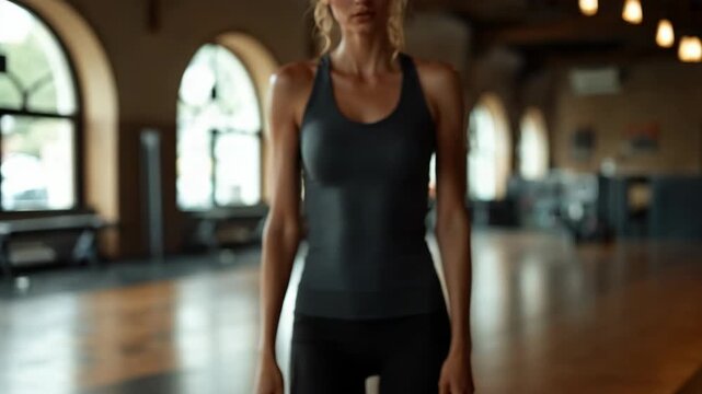 A confident young woman in a fitted athletic tank top standing in a spacious gym with large arched windows. Fitness and motivation concept, natural lighting, healthy lifestyle.