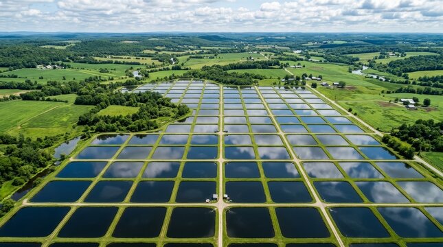 Aerial view of a commercial fish farming facility featuring multiple rectangular aquaculture ponds arranged in a grid pattern across a rural landscape