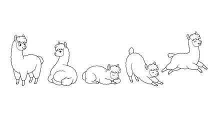Fototapeta premium Minimalist alpaca line art collection, set of 5 cute llama character vectors, hand drawn doodle illustrations of fluffy farm animals isolated on Transparent Background