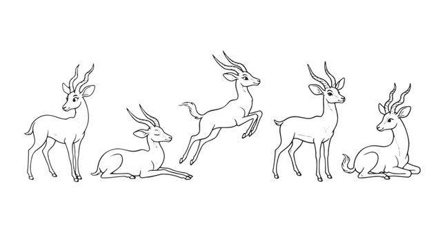 Hand drawn gazelle vector set, minimalist antelope line art collection, wild african impala sketches for coloring and nature design projects isolated on Transparent Background