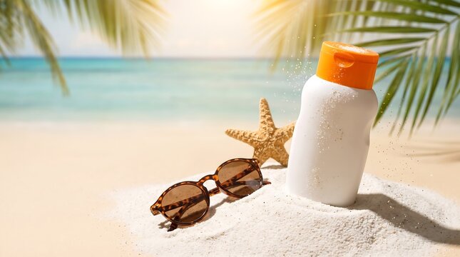 Sunscreen bottle with sunglasses and starfish on a tropical beach