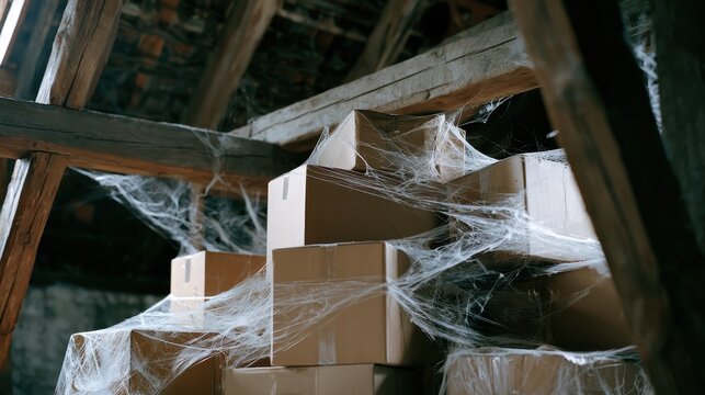 Old dusty cardboard box stacked in attic covered with spider web cobweb in abandoned and neglected storage space with wooden beams