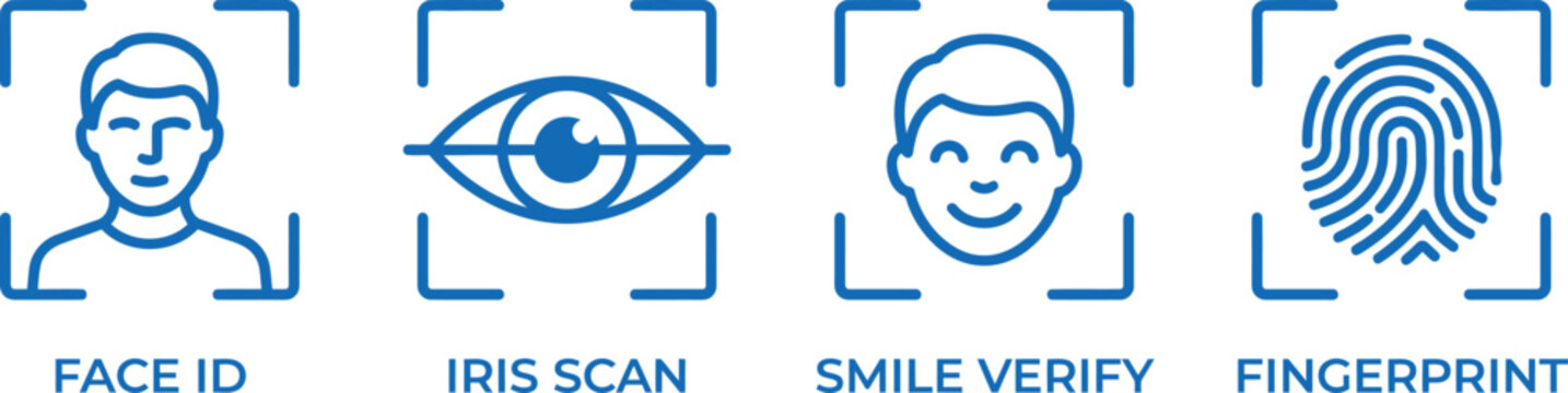 Biometric identification icons depicting face iris smile and fingerprint scanning