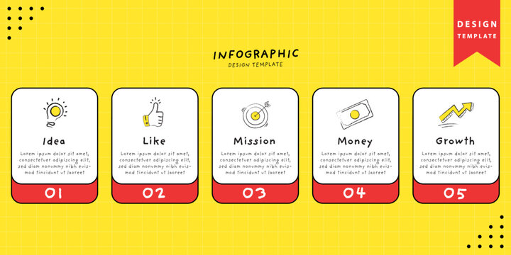 5 steps business infographic design template. Hand drawn doodle icons and white boxes on yellow grid background.