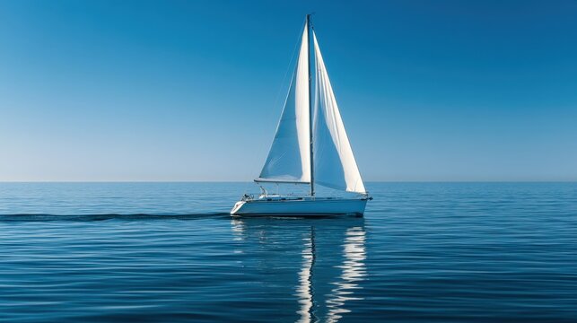 White sailboat gliding on calm clear blue water under bright sky with smooth reflective surface and peaceful atmosphere