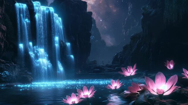 Radiant waterfall glowing in the moonlit jungle at night surrounded by neon like reflections soft mist and dense foliage, capturing an enchanted wilderness atmosphere and dreamlike natural beauty
