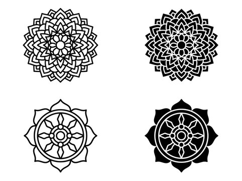Mandala and dharma wheel spiritual decorative icons in monochrome set