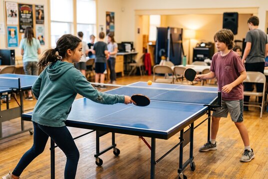 Children play table tennis inside a community center. They are focused on the game as they hit the ball back and forth at the blue table. Other children watch nearby