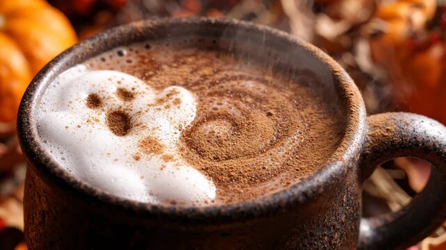 Sprinkling Cinnamon Powder on Hot Chocolate With Ghost Marshmallow Art for Halloween in Autumn