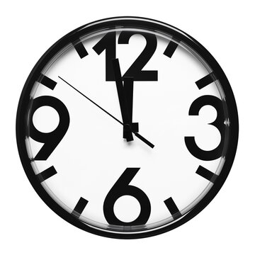 Round analog wall clock showing almost twelve o'clock, isolated on transparent cutout background
