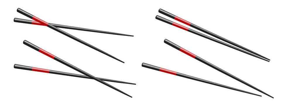 Set of Asian black chopsticks arranged crossed, parallel and open, isolated on transparent cutout background