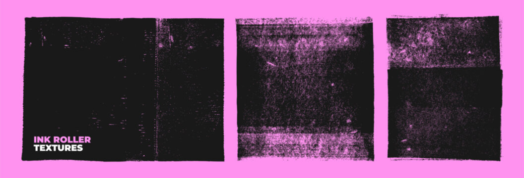 Black linocut stamp textures on bright pink background. Hand drawn printmaking effect overlays. Letterpress rectangle shapes rough textures set. Ink roller geometric shapes for retro designs.