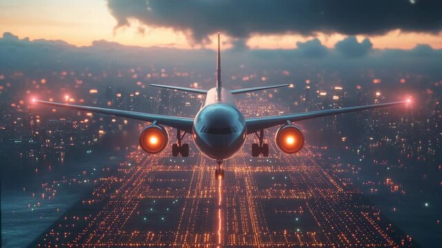 Passenger airplane approaching airport runway over illuminated city at golden sunset commercial aviation travel tourism transportation and global flight journey with dramatic clouds and landing lights