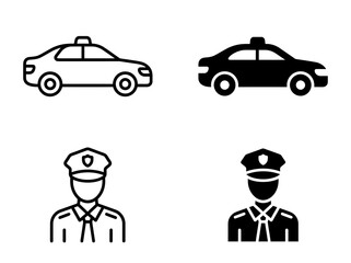 Patrol car and police officer profile icons in solid and line style © Shapla