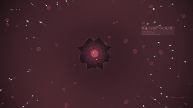 Futuristic 2D animation of medical nanobots attacking and destroying a malignant neoplasm in the bloodstream, illustrating nanotechnology targeting cancer cells with high-frequency lasers