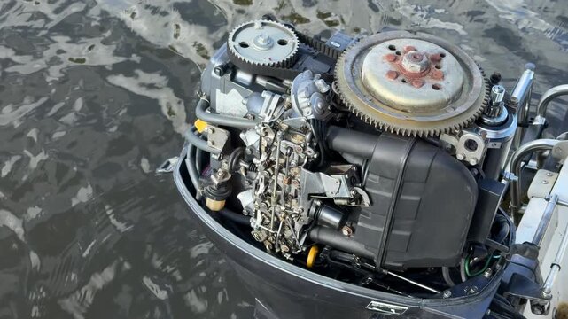 Top view of a disassembled outboard boat motor exposing the flywheel and internal parts over river water.