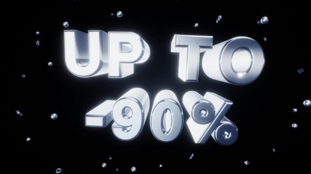 Metallic silver three-dimensional text up to minus ninety percent surrounded by floating geometric crystals on a black background in a 3D animation