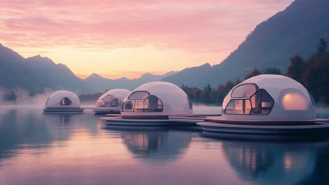 Futuristic floating eco homes on calm mountain lake at sunrise with glass dome cabins smart sustainable architecture luxury travel retreat concept peaceful water landscape and innovative resort design