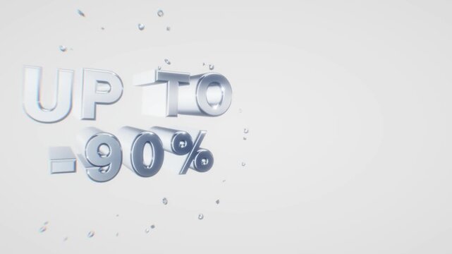 Extruded silver text displaying up to minus ninety percent angled in three dimensions with reflective floating fragments on clean white backdrop