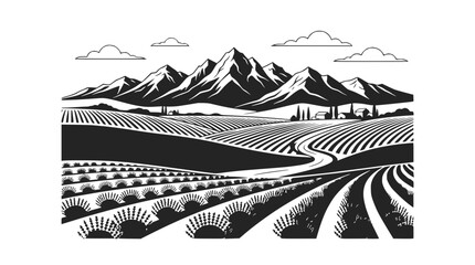 Fototapeta premium Vineyard Landscape with Mountains and Village in Background - Black and White Line Art