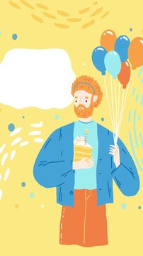 A red-haired man holding balloons is holding a slice of birthday cake. Vertical animated birthday card in a flat vector art style